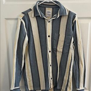 Zara Men's Blue, Cream, and Yellow Striped Shirt